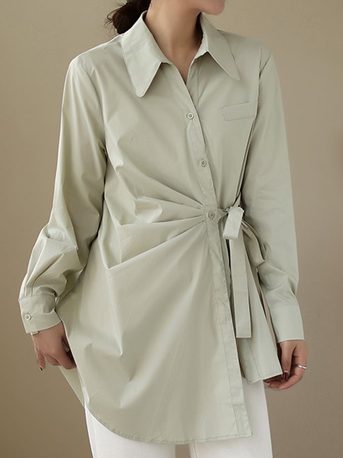 Women's Cotton Fashion Tie Waist Lapel Long Sleeve Shirt