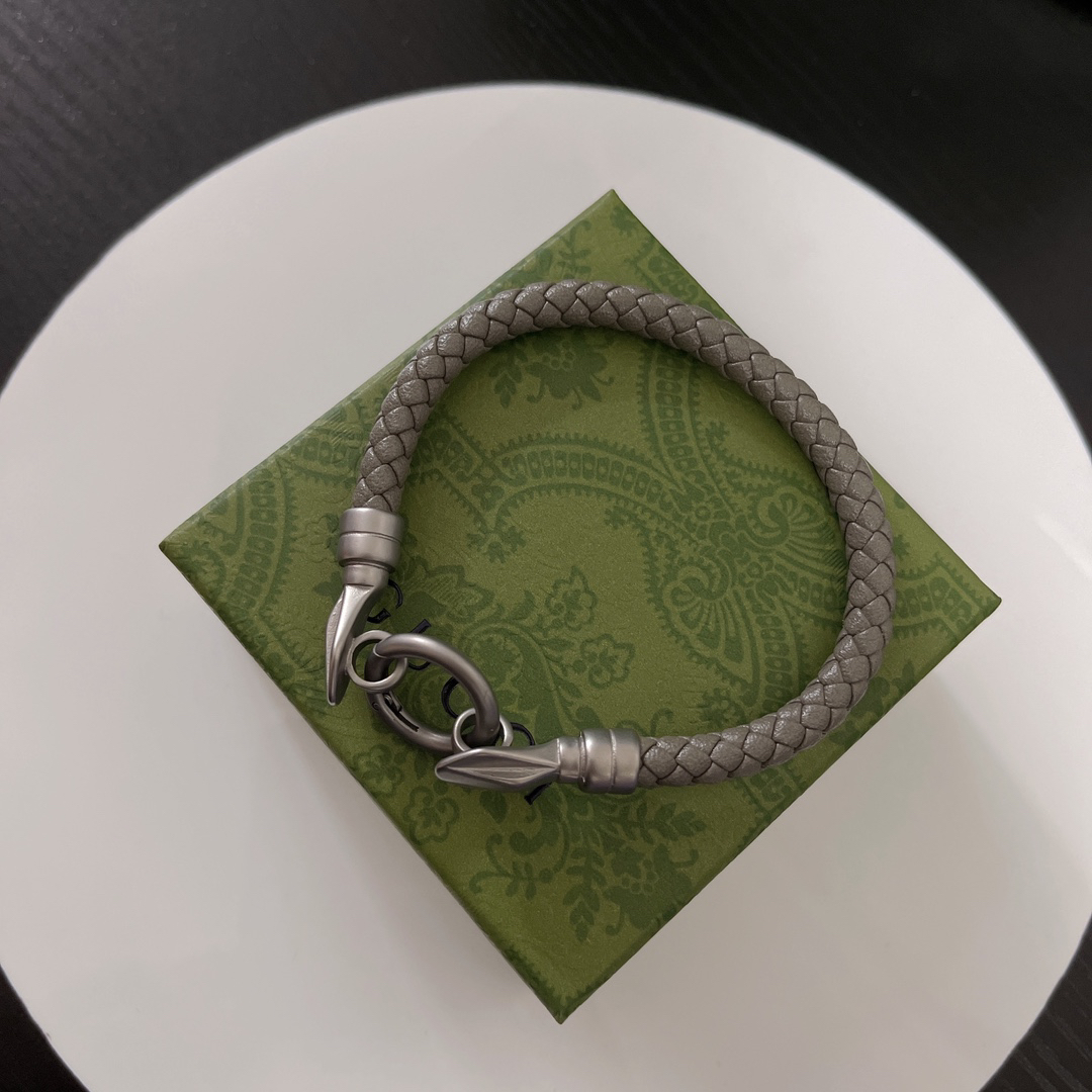 Gucci Grey Braided Leather Bracelet