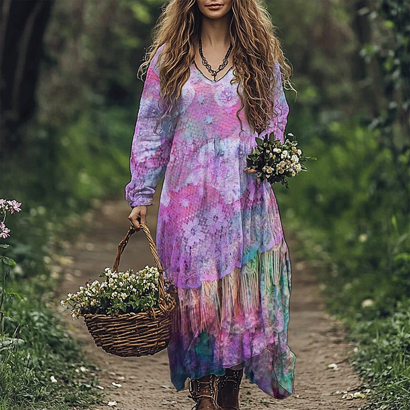 Colorful Boho Floral Lace Flowy Linen Blend Maxi Dress