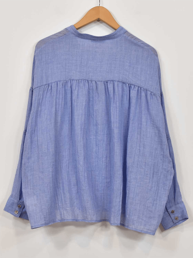 Women's Solid Color V-Neck Lace Splicing Design Casual Cotton And Linen Shirt