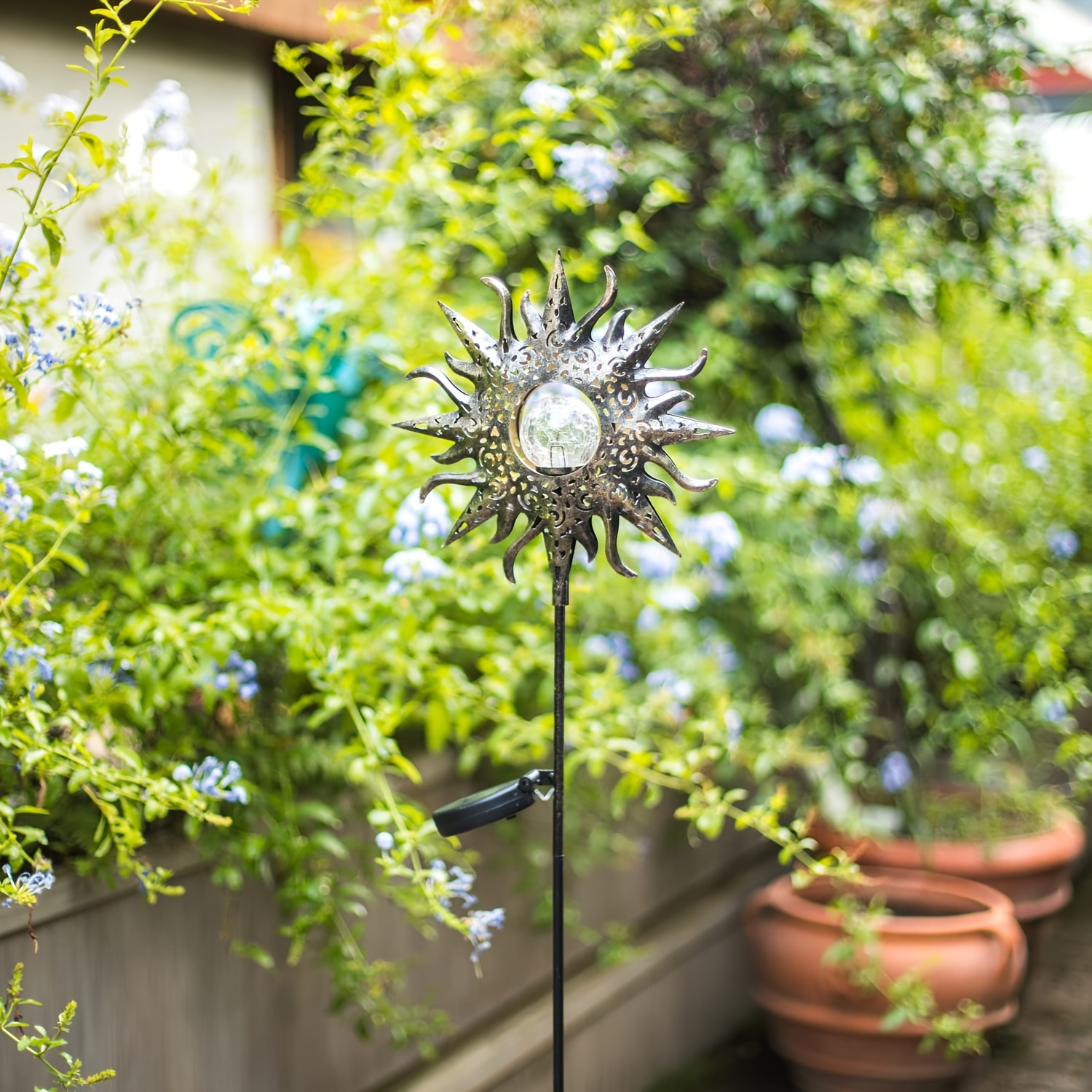 1pc Flame Sun Hollow Out Iron Landscape Decorative Lamp, Cracked Glass Bulb Lamp, Waterproof LED Lamp For Garden, Lawn, Courtyard