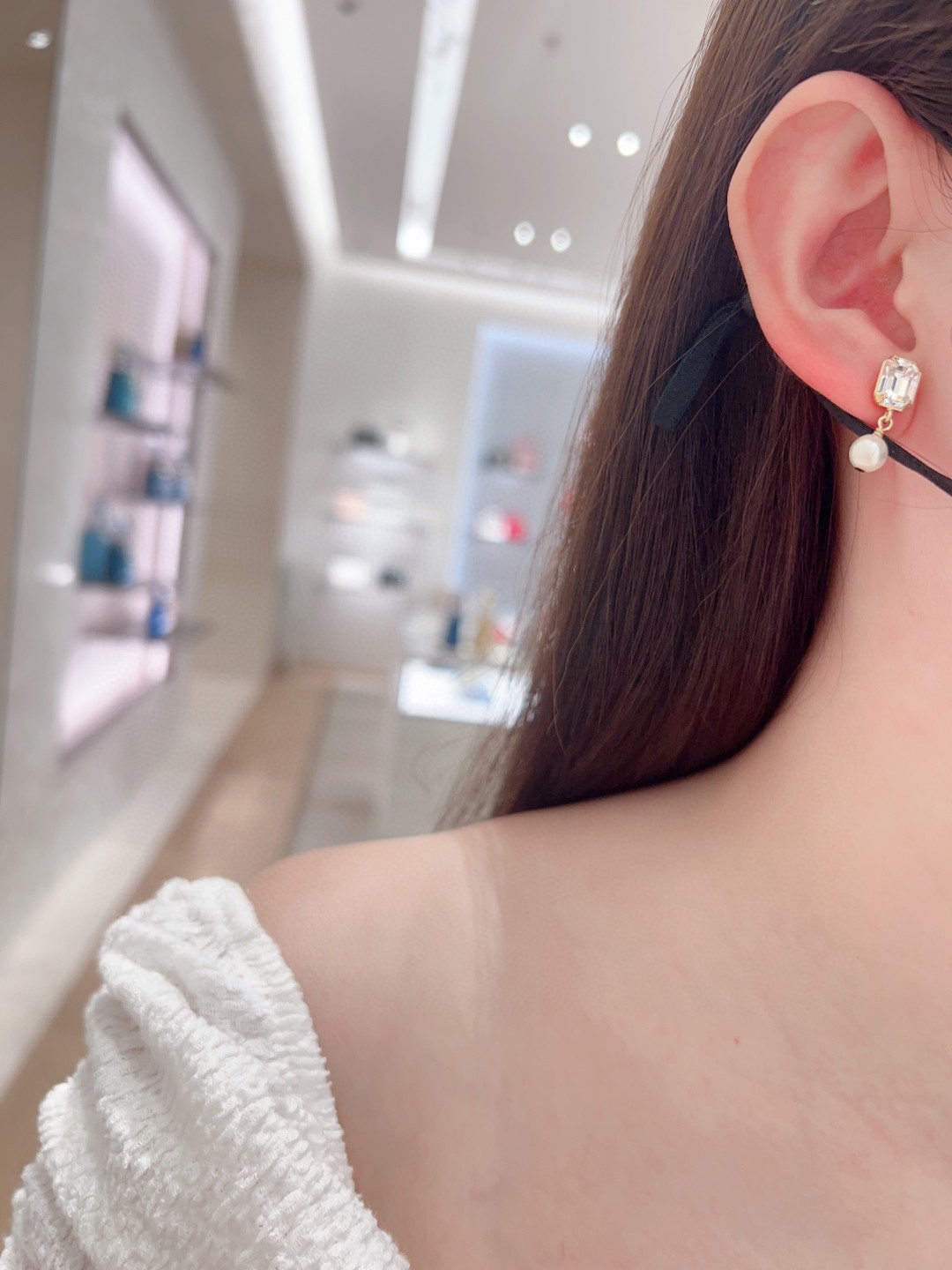 Dior Square Diamond Asymmetric Pearl CD Earrings