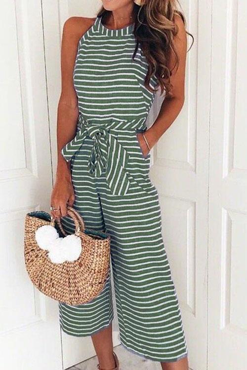 Heididress Sleeveless Knot Waist Wide Leg Striped Jumpsuit