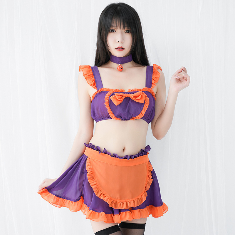 Pumpkin Small Bell Bow Decor Chiffon Maid Lingerie Set