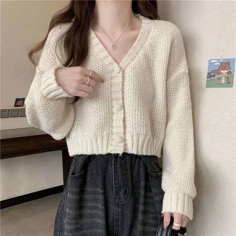 Button-Up V-Neck Knit Cardigan