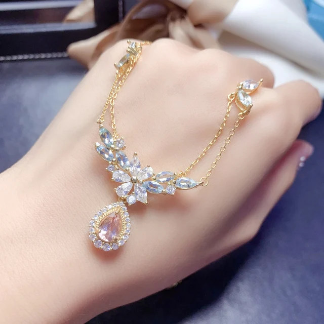 925 Sterling Silver Natural Morgan Stone Aquamarine Necklace Jewelry Pure Beauty Women's luxury Jewelry Certified boutique