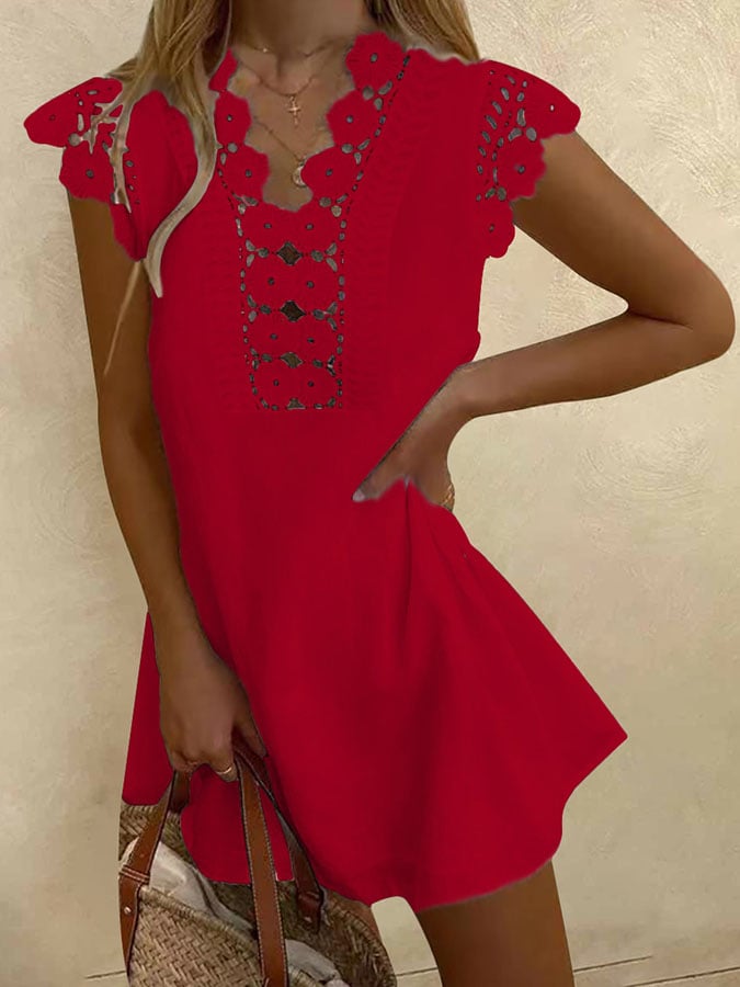 Solid Color Lace V-Neck Short Sleeve Casual Dress