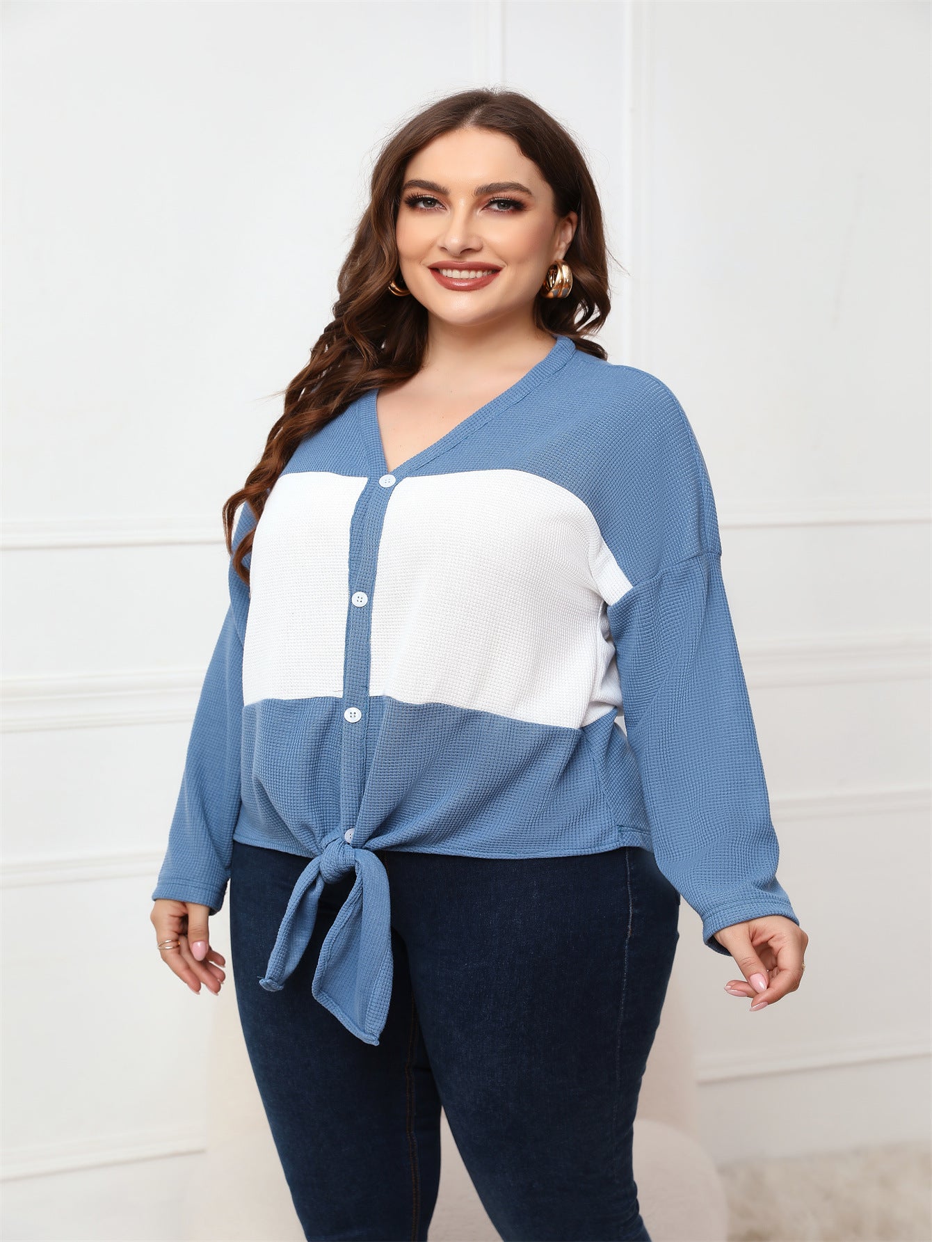 Plus Size Women Clothing Spring Autumn Long Sleeve V Neck Open Placket Top