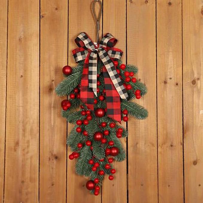 🎄Christmas promotion🔥Pre-installed red fruit door wreath with lights, urn filler with real feel