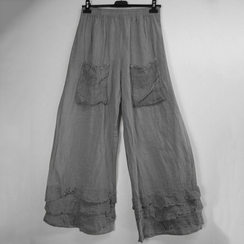 Solid Ruffle Hem Pocket Cotton Linen Pants