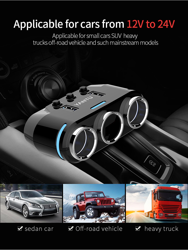 Car Charging Three Ports Cigarette Lighter