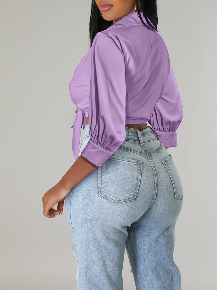 Satin Lapel Tie Front Top