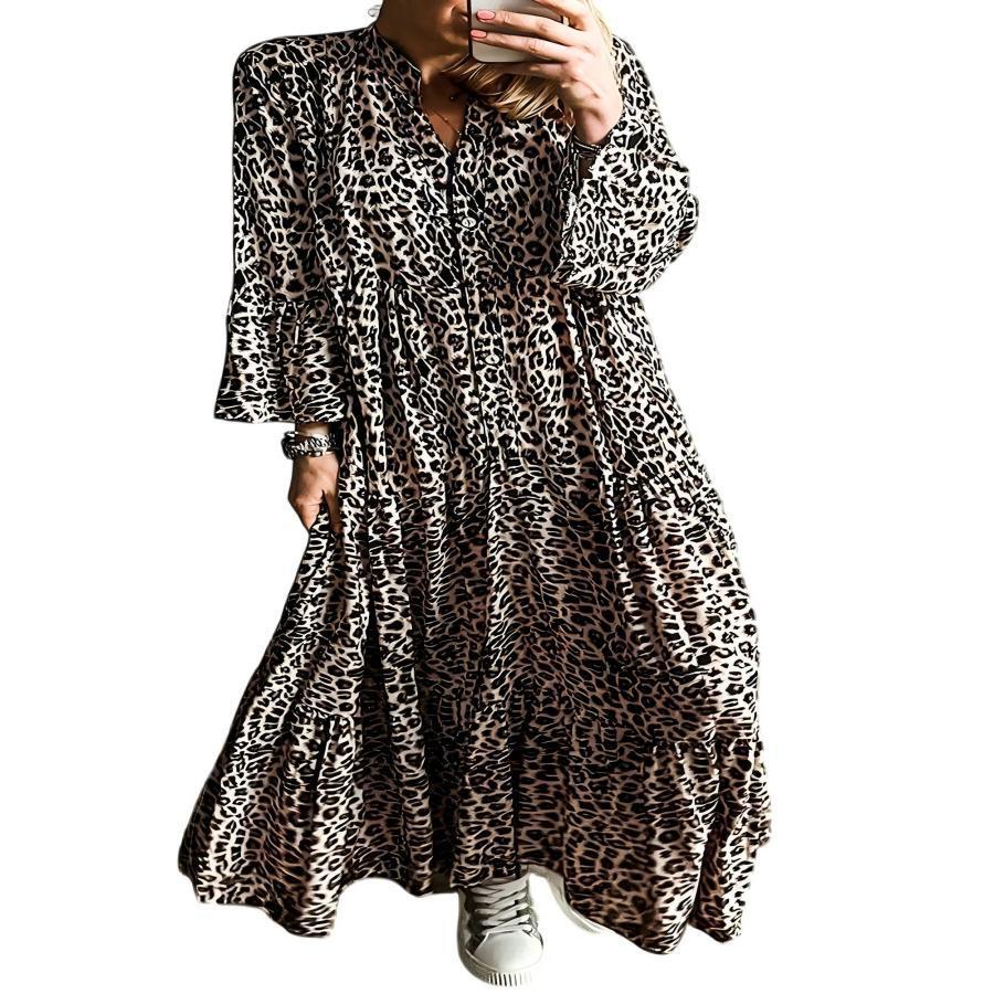 Leopard Print V-neck Buttoned Loose-Fit Long Dress for Women