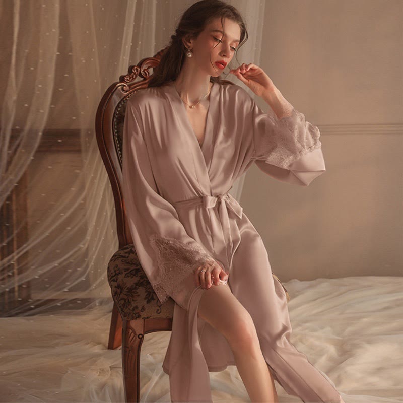 Lace V-neck See-through Nightdress Robe
