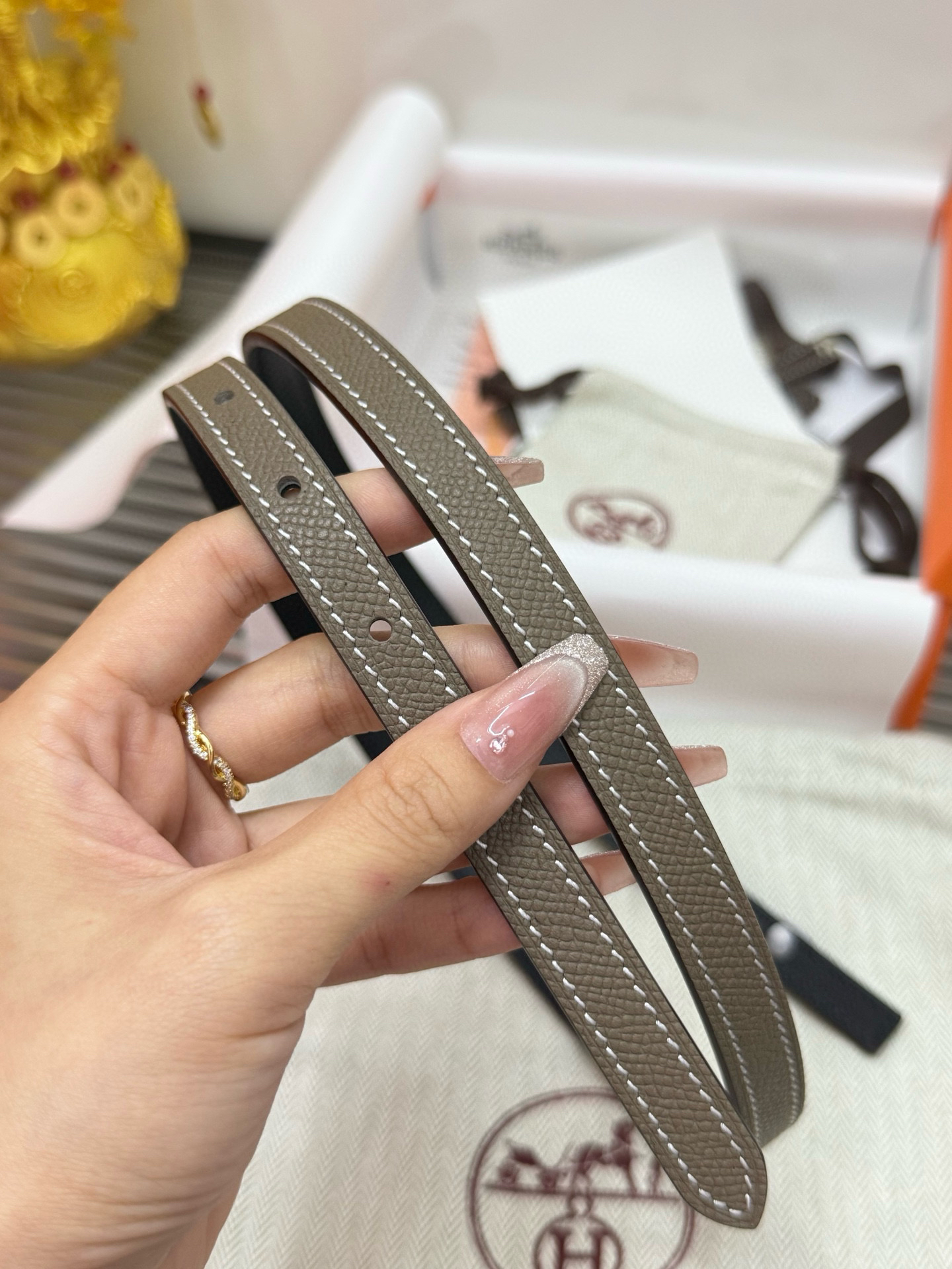 Hermès Mens belt double-sided calfskin women's belt width 1.3CM