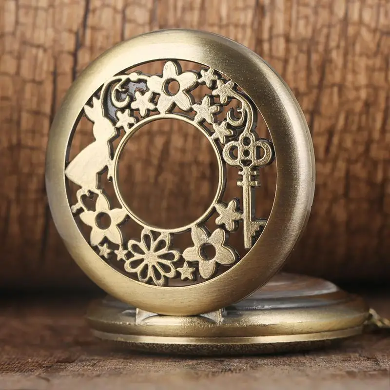 Antique Hollow Out Pocket Watch Bronze Rabbit Key Flowers Cover Men Women Quartz Clock Arabic Number with Sweater Chain Gift