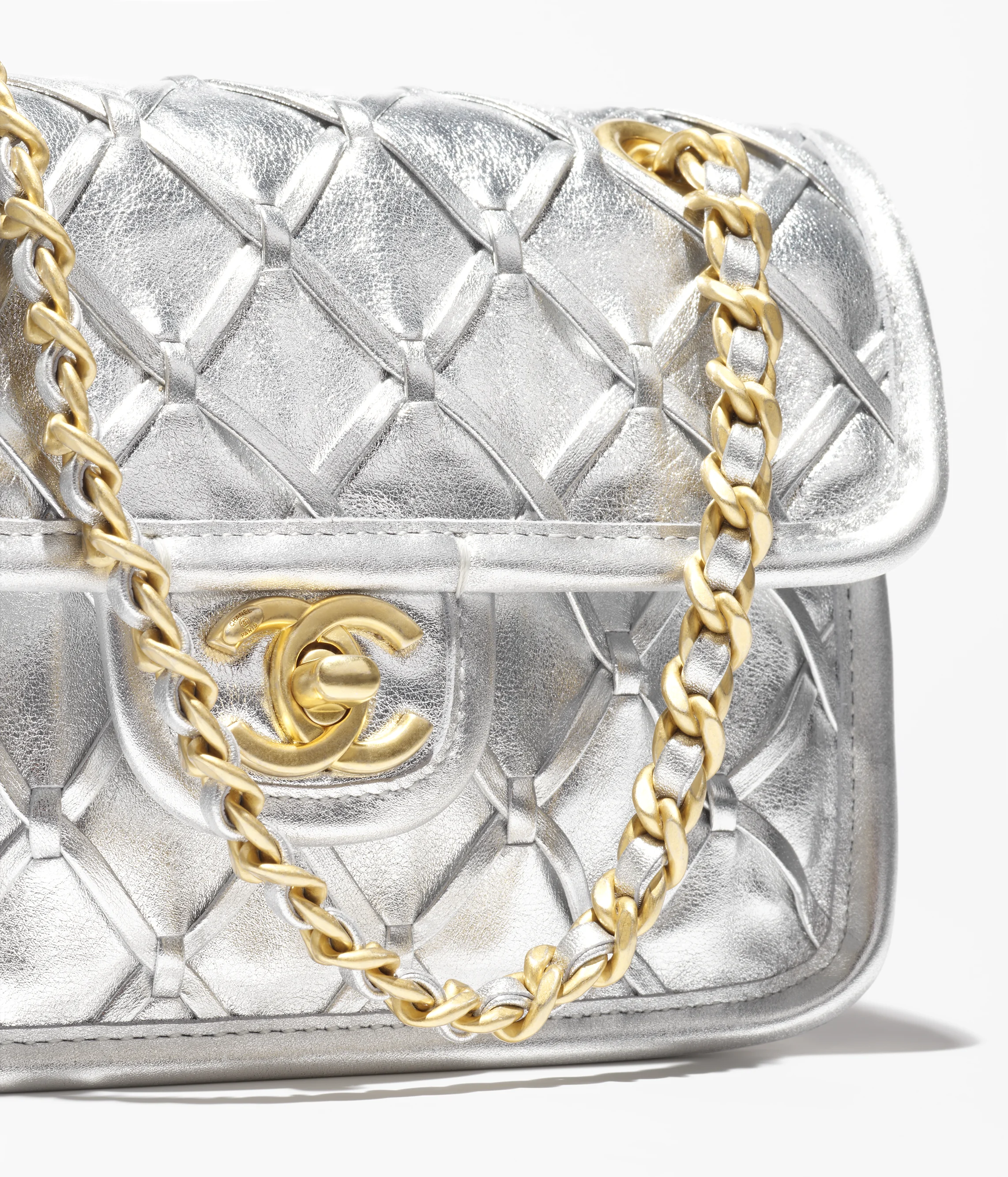 Chanel Mini Flap Bag Metallized Braided Calfskin & Gold-Tone Metal Silvery AS4797-B20071-NL673