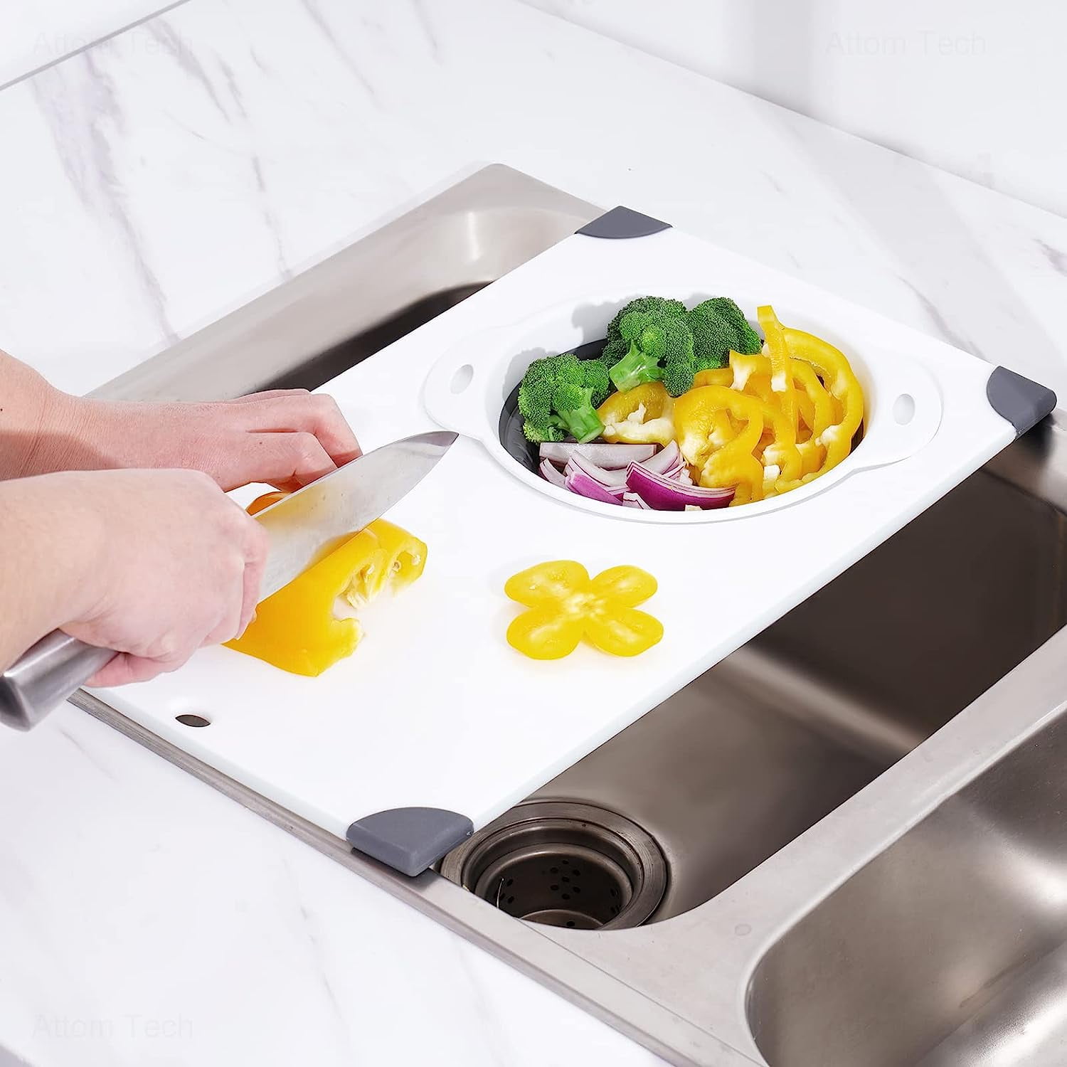 🔥Last Day 50% OFF🔥Over-the-Sink Flax Cutting Board with Collapsible Colander