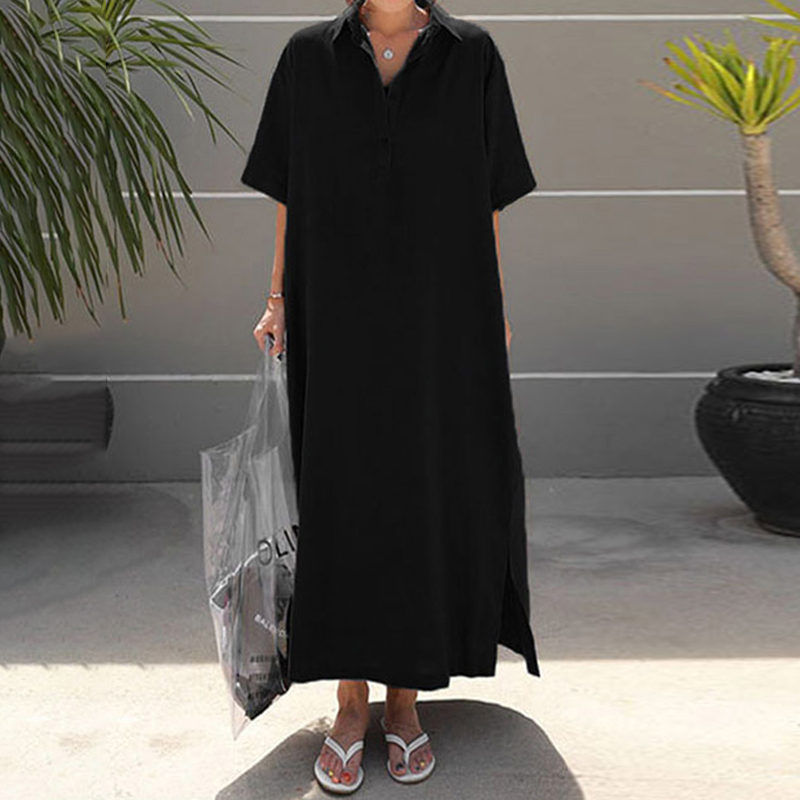 Folded Collar Split Casual Maxi Dress