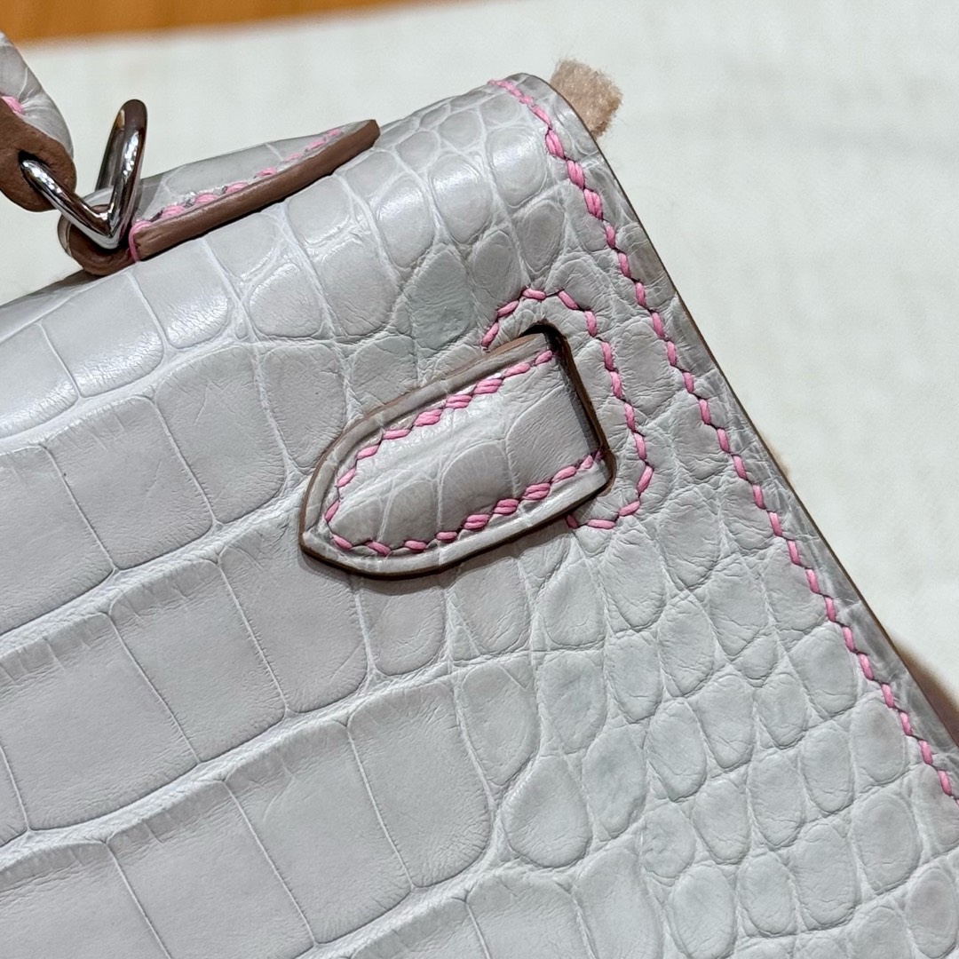 Hermes mini kelly 80Pearl Gray5PPink handbag (handmade to order)
