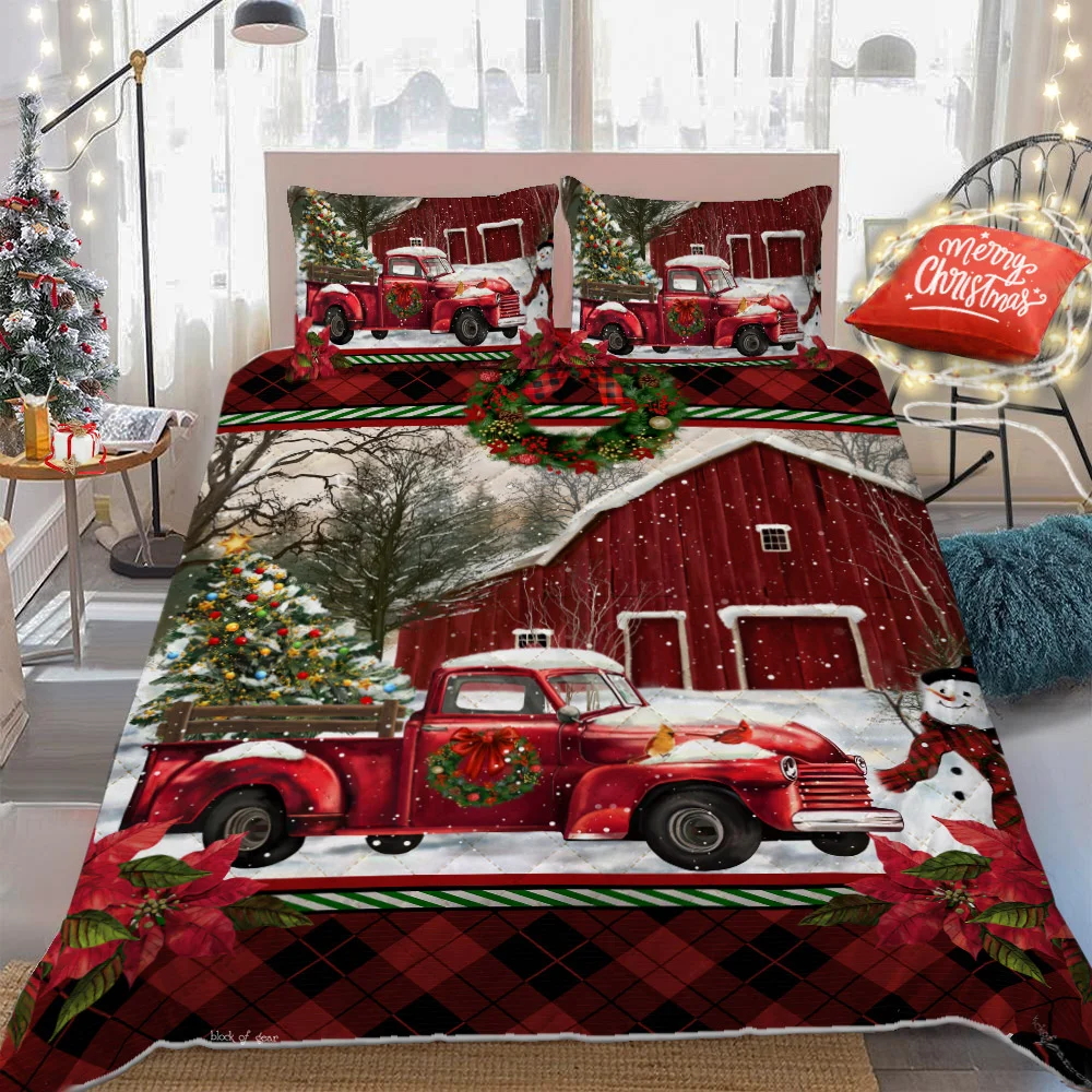Red Christmas Christmas Truck Barn House Quilt Bed Set