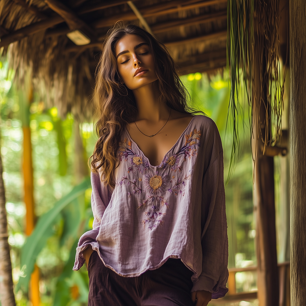 Vintage Bohemian Floral Gold Thread Embroidery Linen V-neck T-shirt