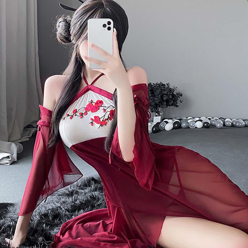 Blossom Embroidery See Through Halter Cheongsam Dress Lingerie