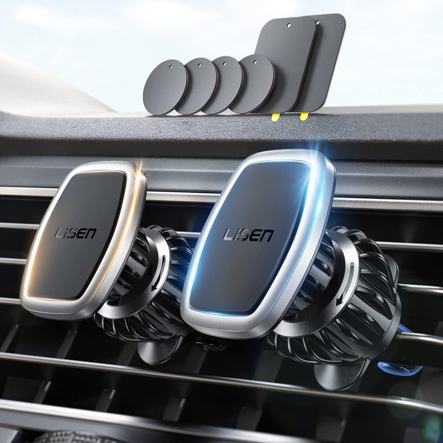 LISEN 2 Pack Magnetic Phone Holder for Your Car Mount 6 Military Magnets Car Phone Holder Mount Vent Cell Phone Holdeer Mount Vent Cell Phone Holder (20X Powerful: Gold)