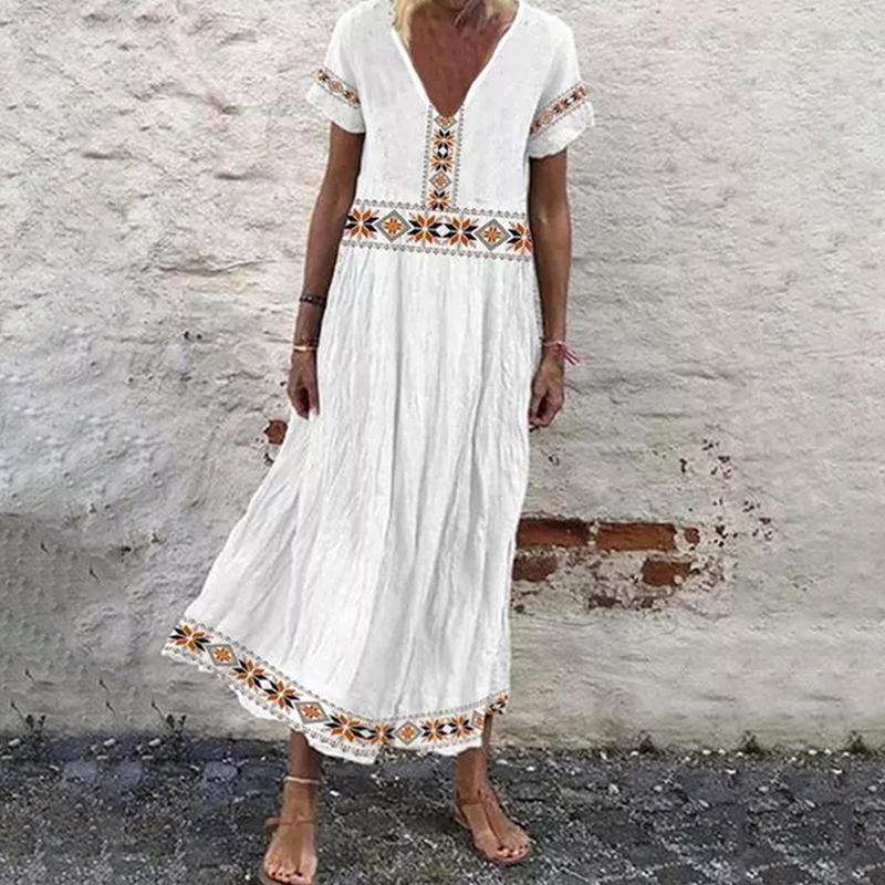 Pullover V-Neck Short Sleeve Printed Dress