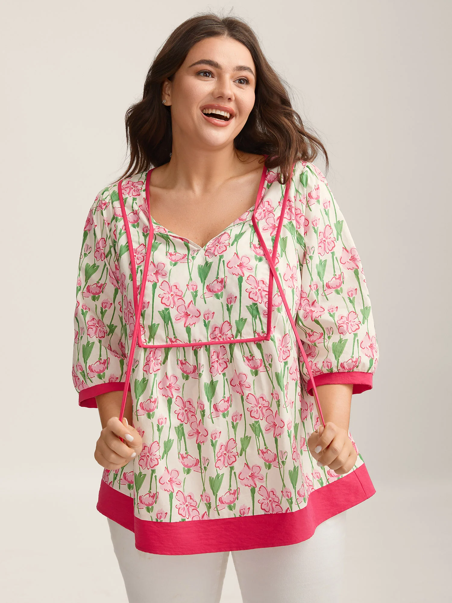 Blushing Floral Print Seamed Contrast Blouse