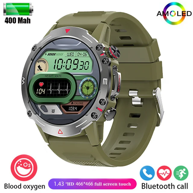 New Men's HD Bluetooth Talk 1.43-inch AMOLED Smartwatch Blood Pressure Monitor IP68 Waterproof Men's Smartwatch for Android iOS