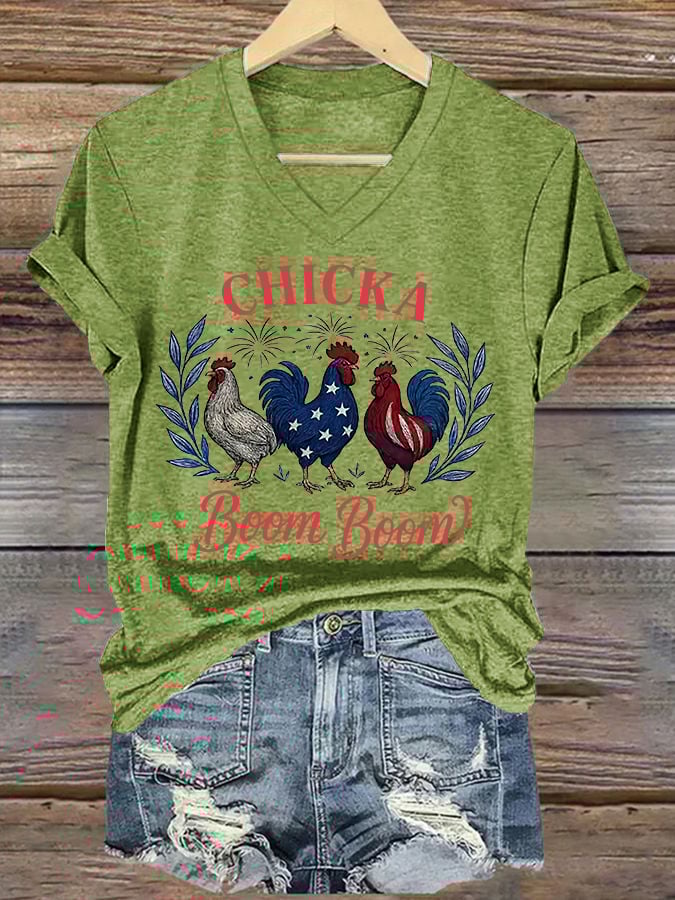 Women's Chicka Boom Boom Patriotic Rooster Print T-shirt