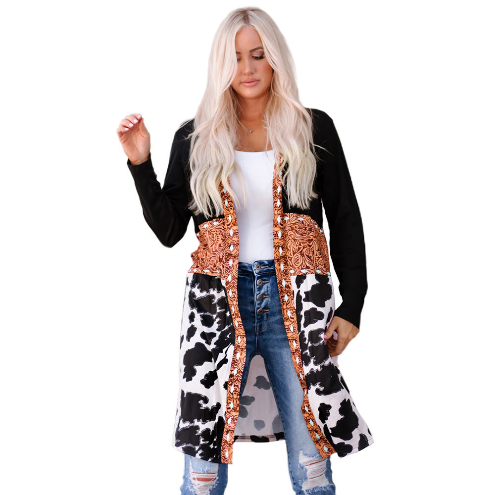 Western Denim Patchwork Knitted Cardigan Printed Coat