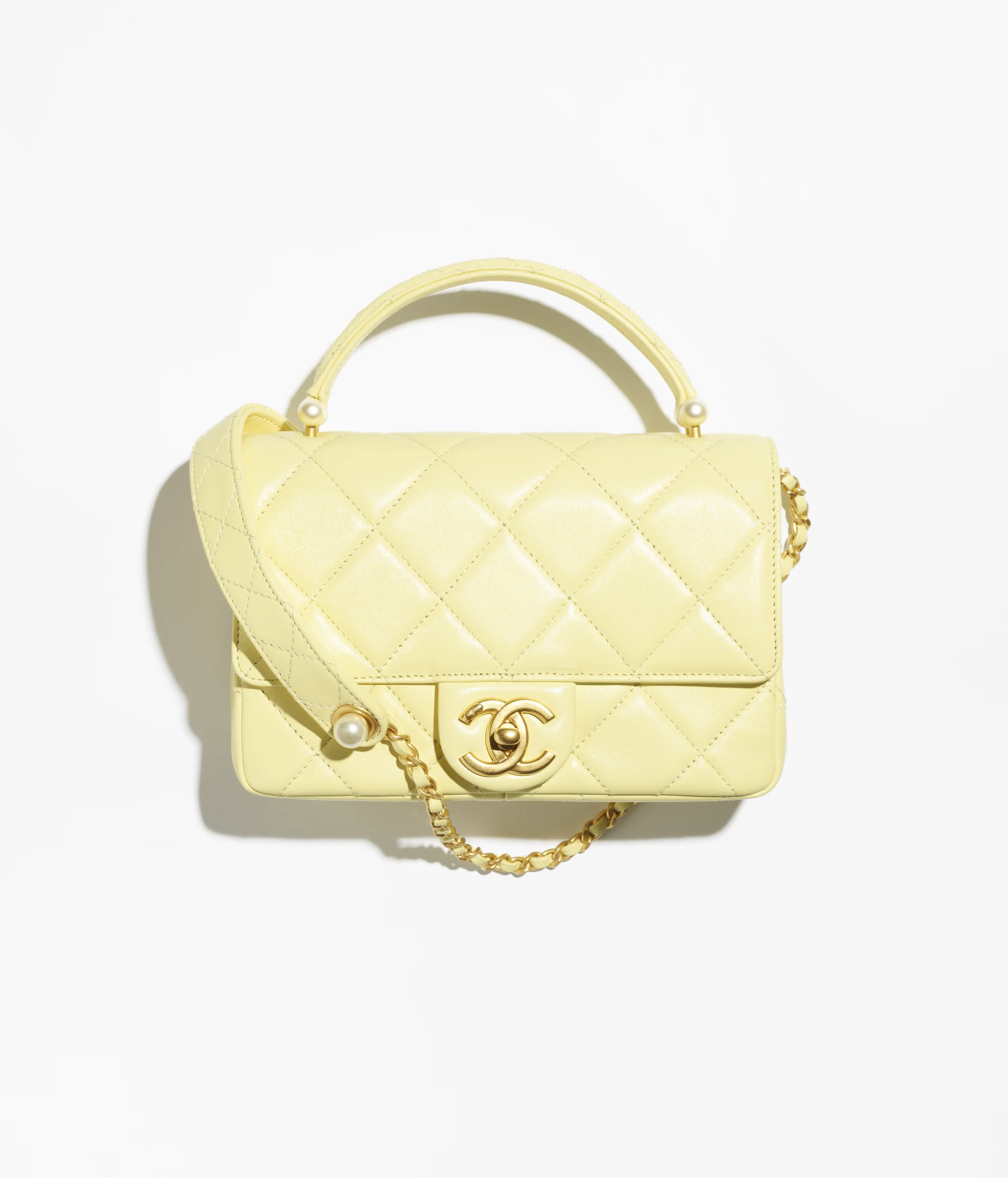 Chanel Mini Flap Bag with Top Handle Shiny Lambskin, Imitation Pearls & Gold-Tone Metal Light Yellow AS5399-B19655-NAAUK