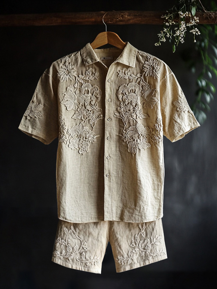 Fashion Men's Floral Lace Embroidery Art Shirt And Shorts Co-ord Set