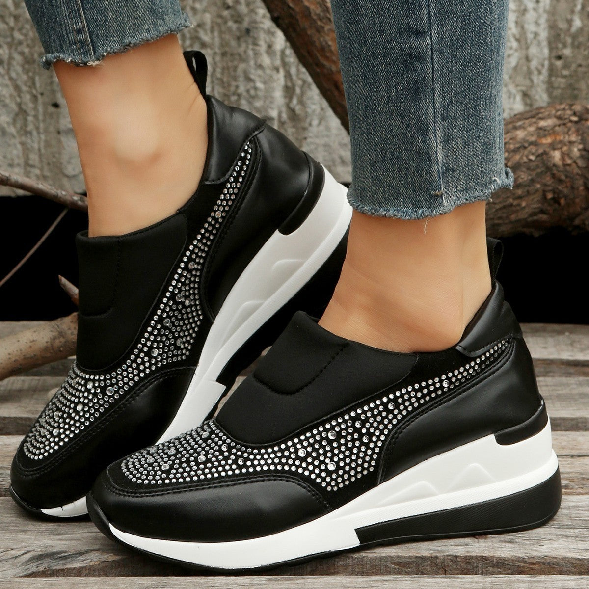 New Rhinestone-Embellished Mesh Wedge High Heel Women's Shoes