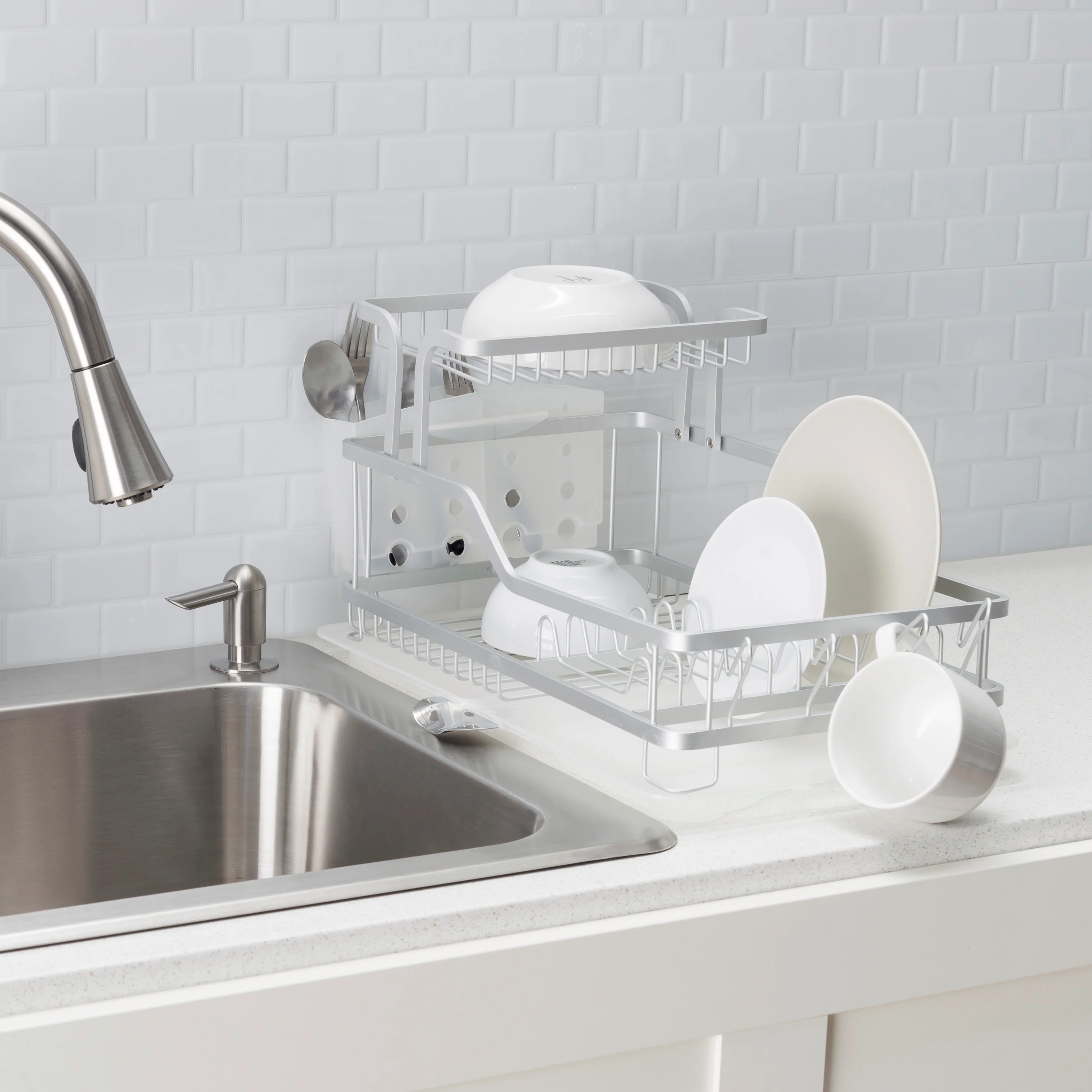 Home Basics Rust-Proof Aluminum 2-Tier Dish Rack, 23.5x13.75x10.75 Inches