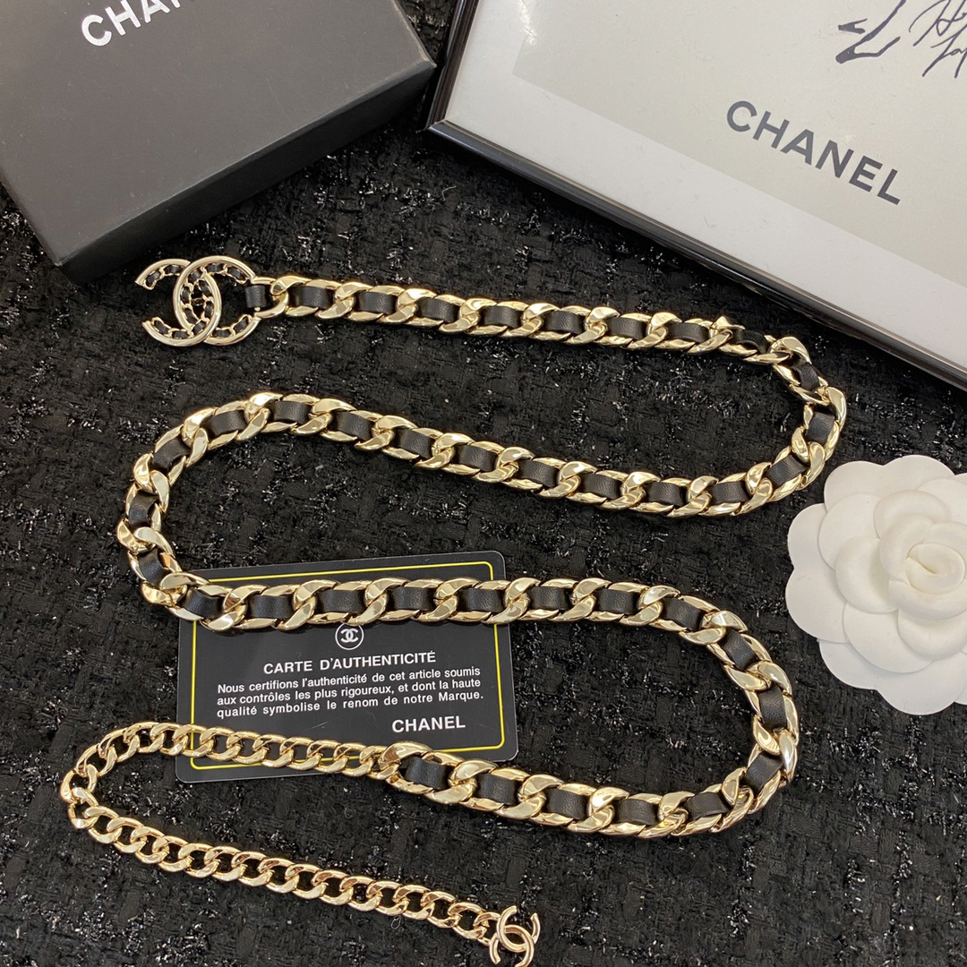 Chanel black leather gold waist chain