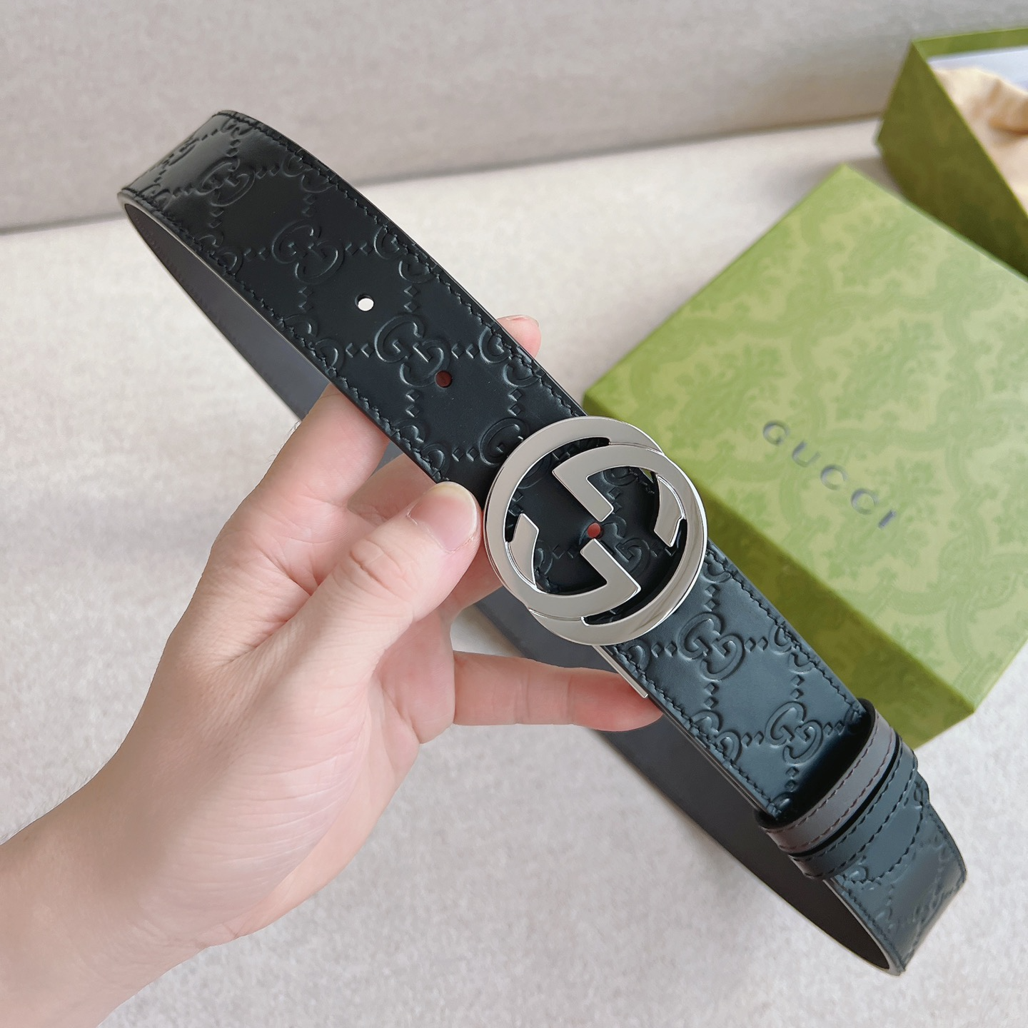 Gucci Signature printed cowhide double-sided belt 3.70CM wide