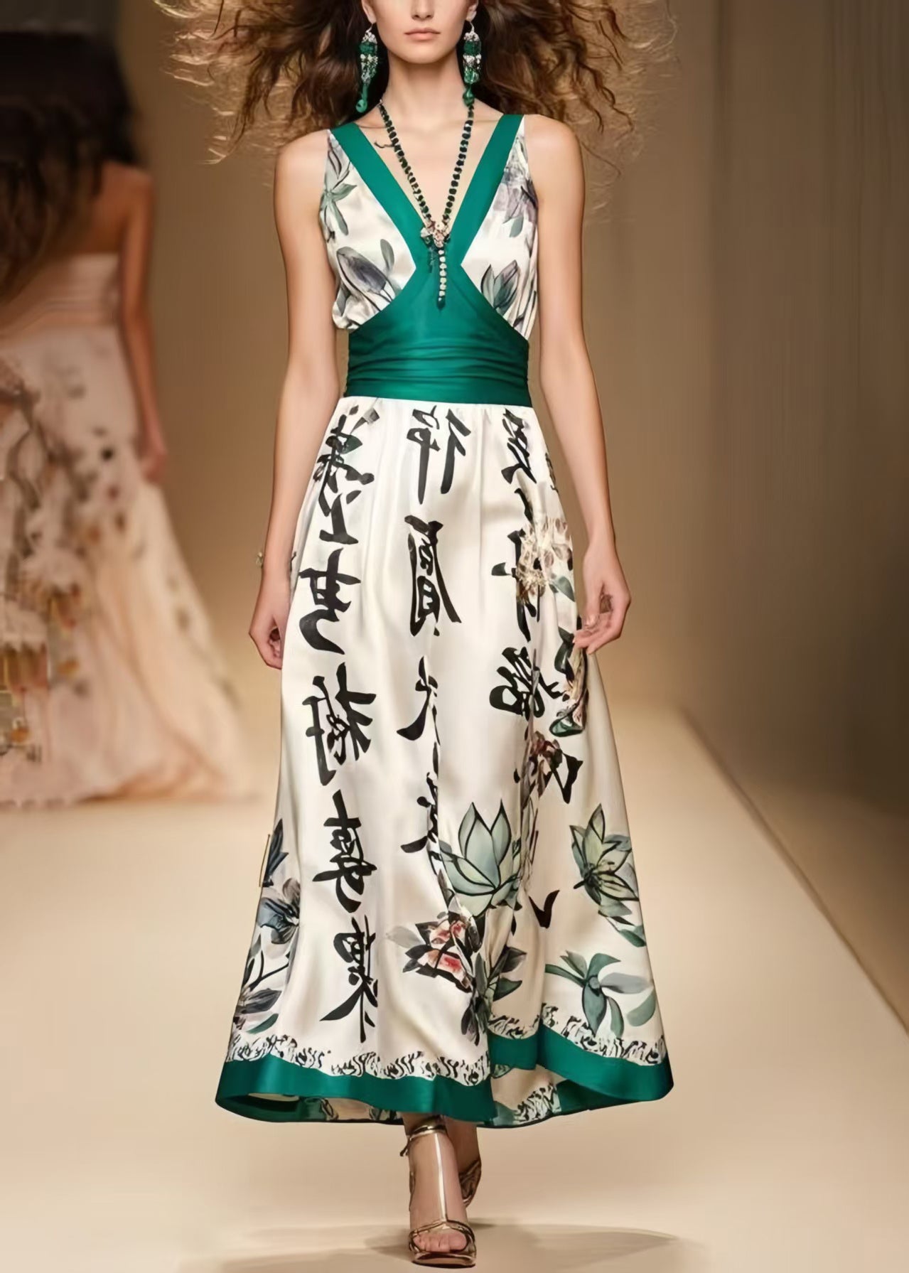Modern White Print Patchwork Silk Ankle Dress Sleeveless