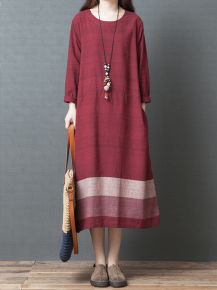Contrast Stripe Round Neck Long Sleeve Midi Dress