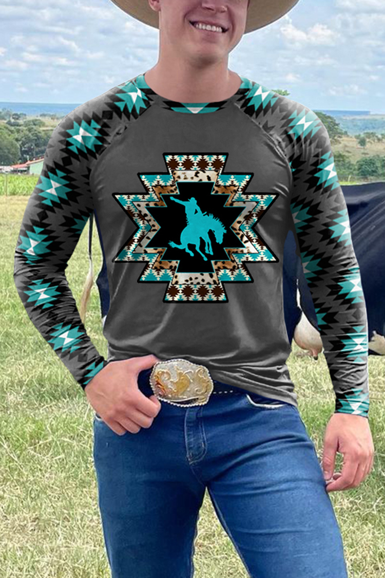 Tribal Riding Stitching Western Print Long Sleeve T-Shirt