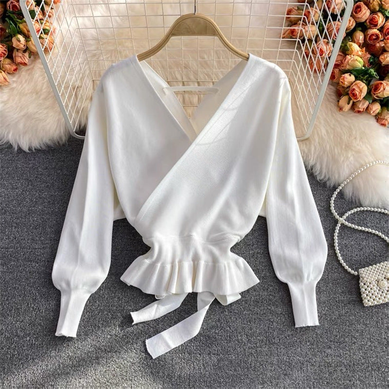 Women's Batwing Coat Knitwear V-neck Exposed Back Bandage Sweater
