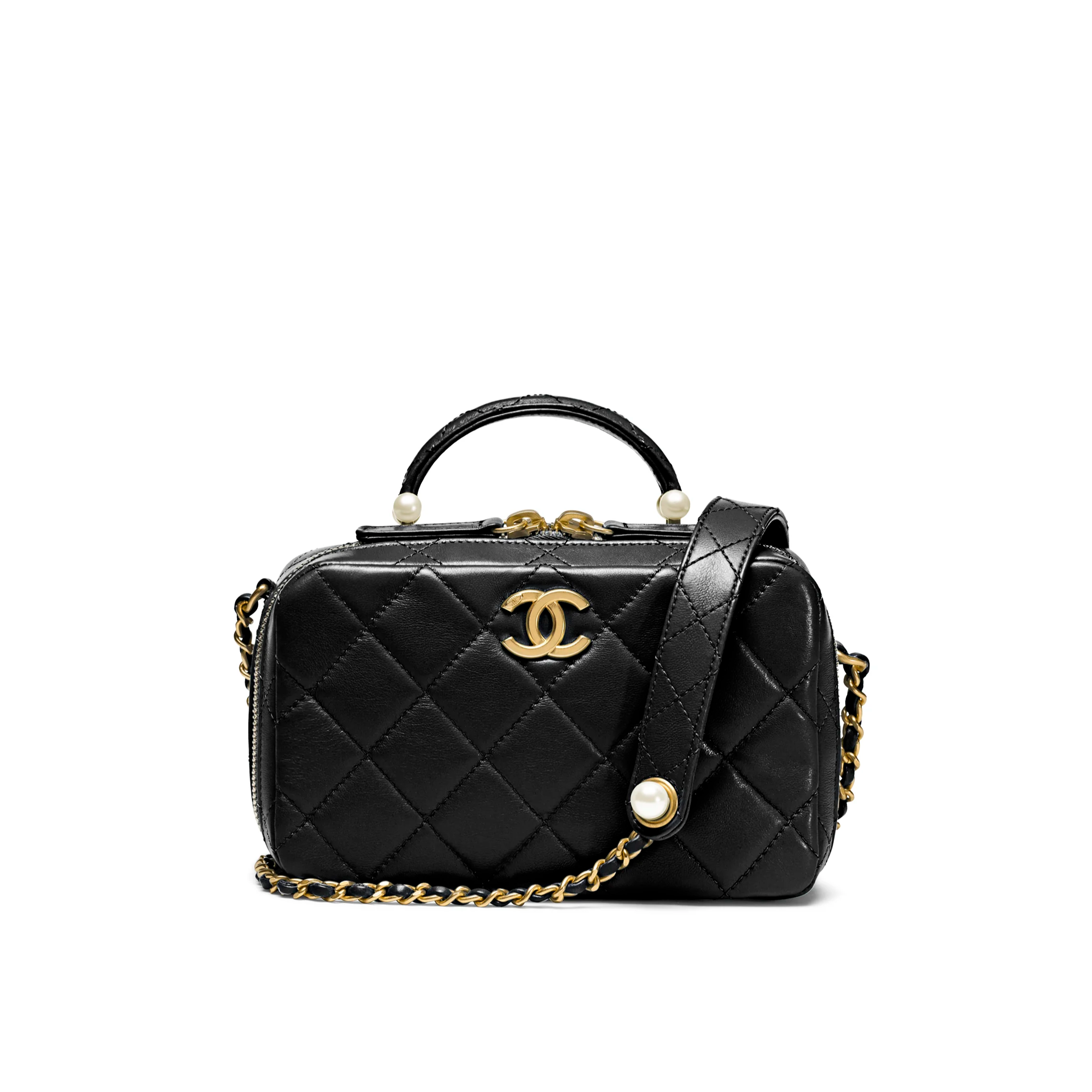 CHANEL Small Vanity Case Shiny Lambskin, Imitation Pearls & Gold-Tone Metal Black AS5409-B19655-94305