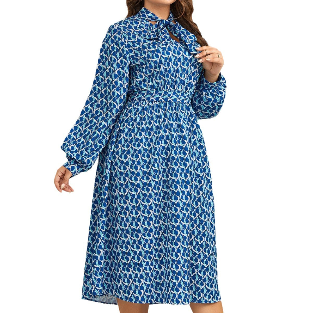 European and American High-Waisted Printed Long Puff Sleeve Dress