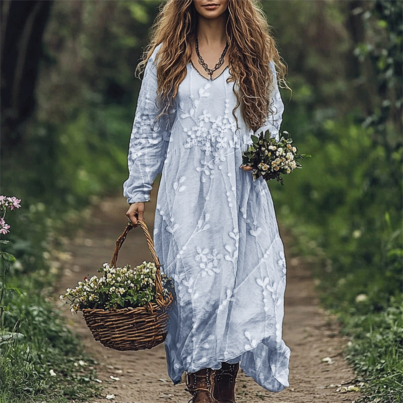 Classy Floral Embroidered Lace Linen Blend Flowy Maxi Dress