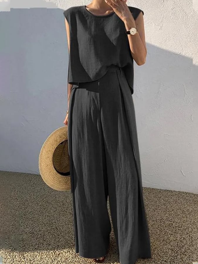 Spring And Summer New Cotton And Linen Fashion Casual Loose Two -Piece Sleeveless Top Loose Wide -Leg Pants Women's Models