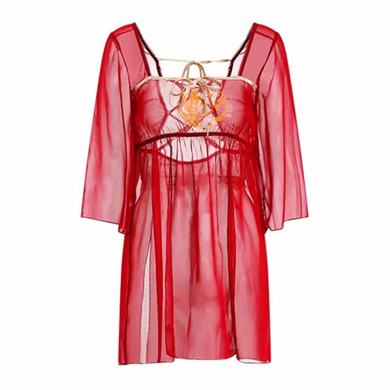Vintage Lace Up Transparent Mesh Slit Hanfu Lingerie Set
