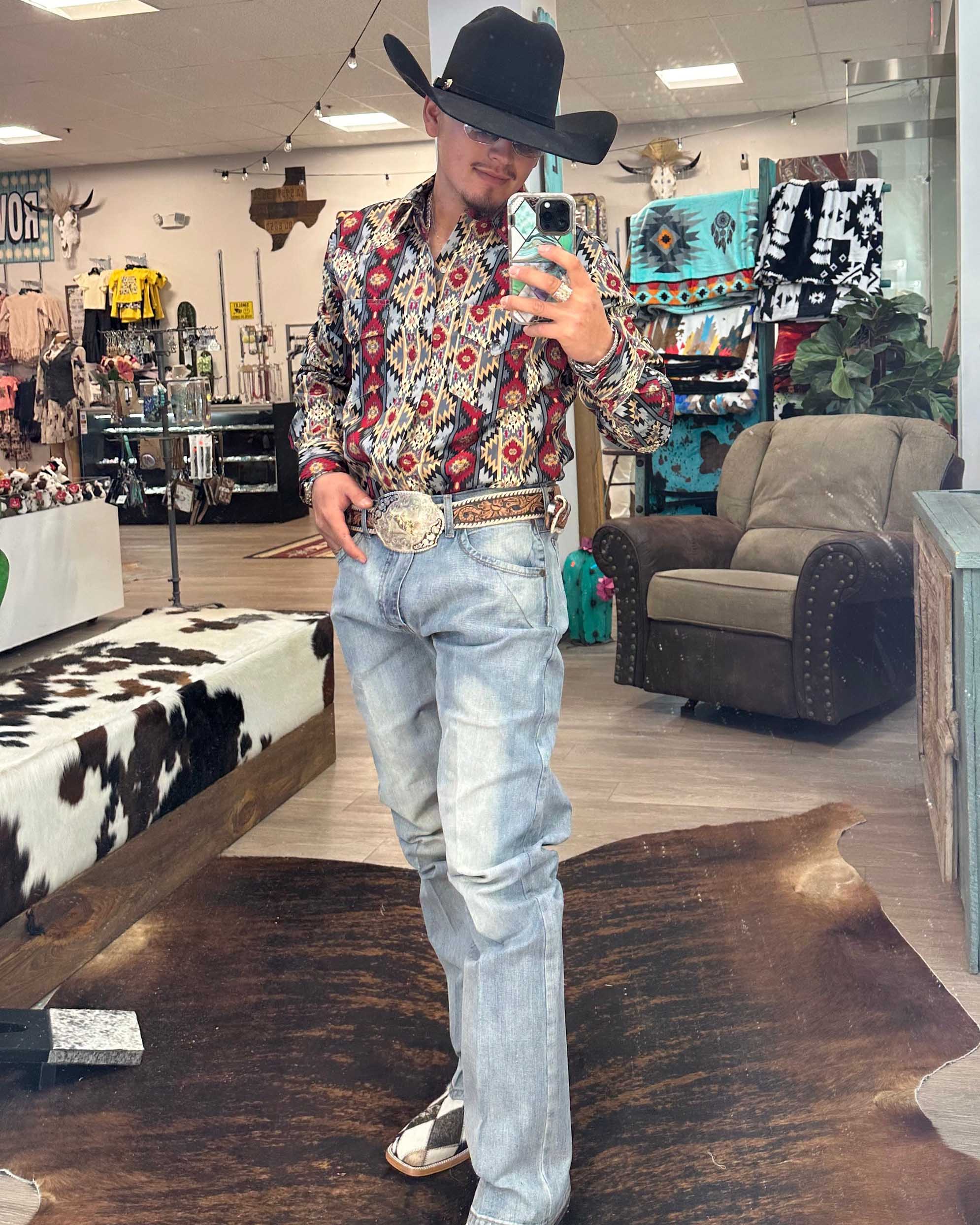 Men's Casual Retro Western Cowboy Stripe Long Sleeve Shirt