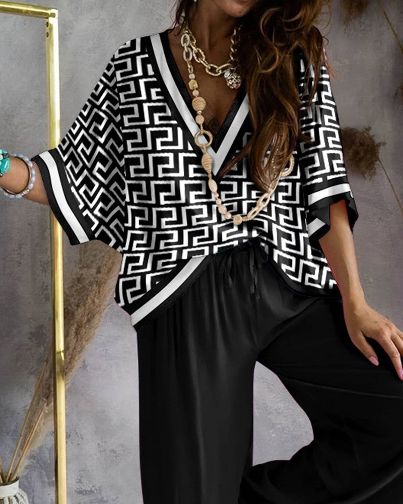 Printed Batwing Sleeve Top and Wide Leg Pants Suit for Women